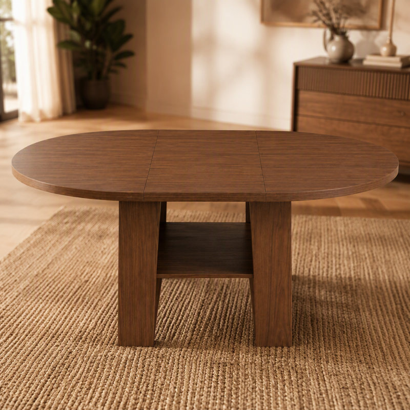 Table de salle à manger extensible ronde 43,3 "à 59" pour 4-6, table de cuisine ronde à ovale avec rallonge rabattable intégrée, base stable en H et tablette de rangement, noyer