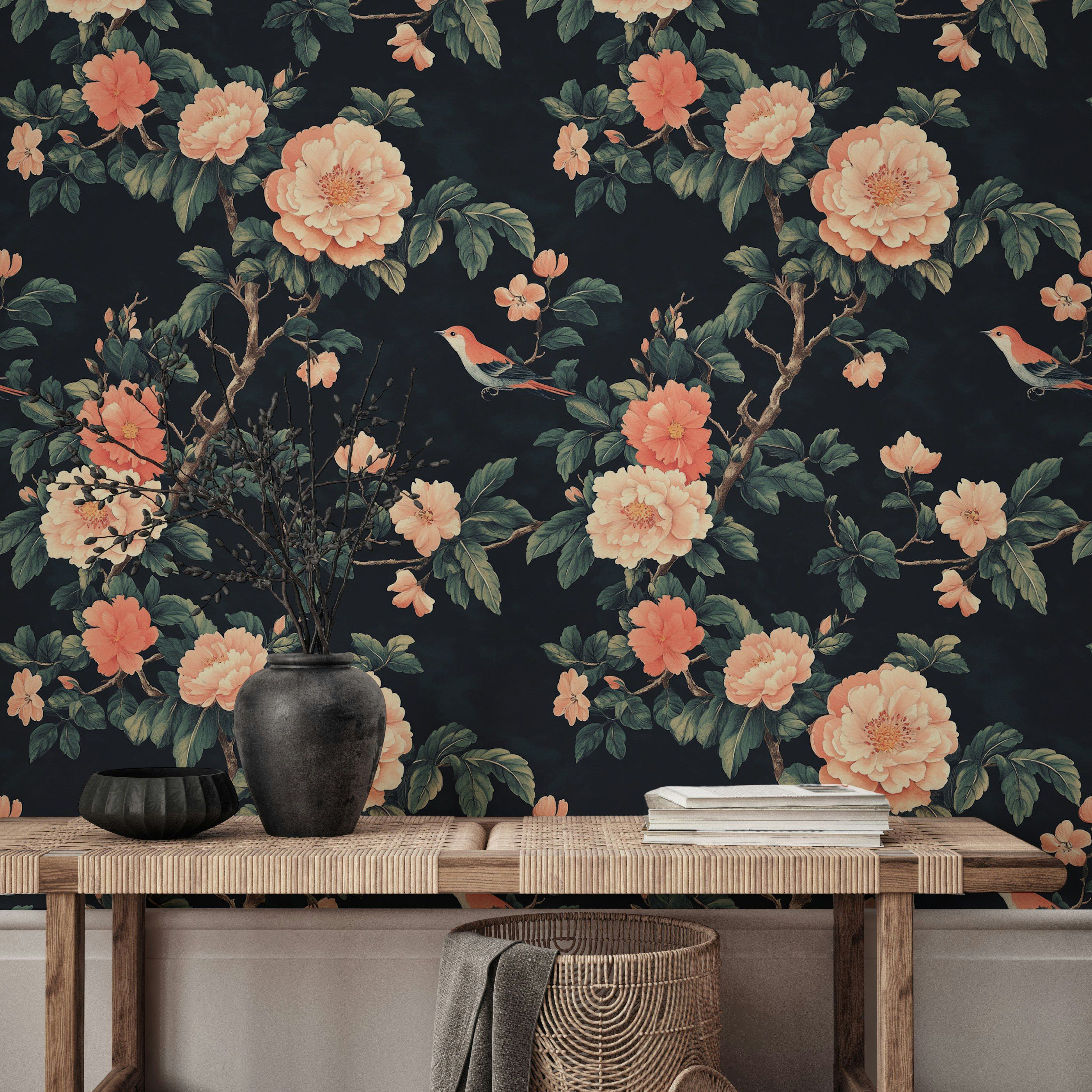 Charlton Home® Vintage Floral & Bird Wallpaper Pink Peony Wall Mural ...