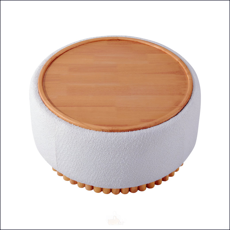 Repose-pieds rond avec pieds en bois massif, table basse moderne, couvercle réversible, tissu bouclé, aucun assemblage requis
