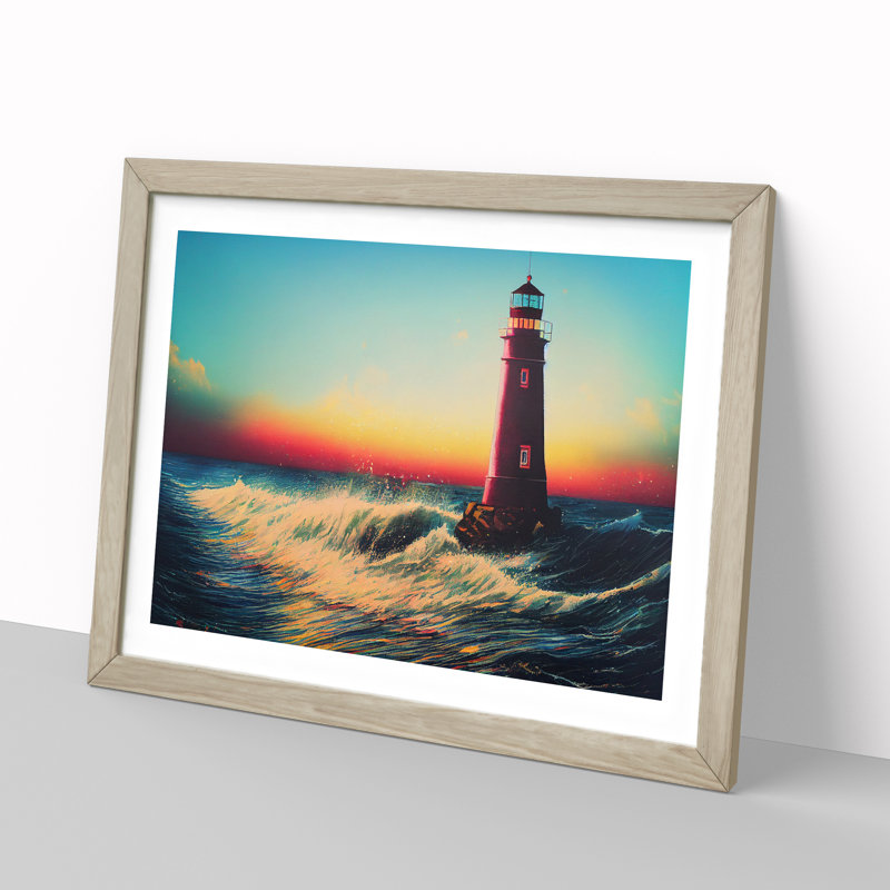 XH1022-6646X Painted Lighthouse Vol.2 1 Piece Single Picture Frame Painting, 46cm H x 64cm W x 2cm D, Oak Framed