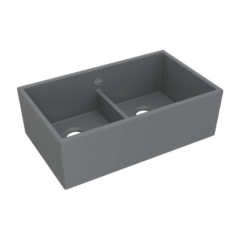 Shaker™ 33" Low Divide Double Bowl Apron Front Fireclay Kitchen Sink, Matte Gray