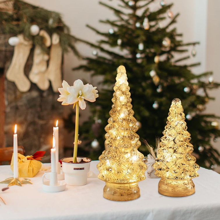Christmas Decorations Indoor, 2 Pcs Sparkling Glass Christmas Tree Table Decorations with LED Lights, Lighted Xmas Tree Decorations with Timer for HOM