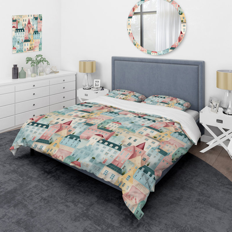Ensemble de housse de couette doux couleur pastel Nordic Town Collage I, Housse de couette pour très grand lit et 2 très