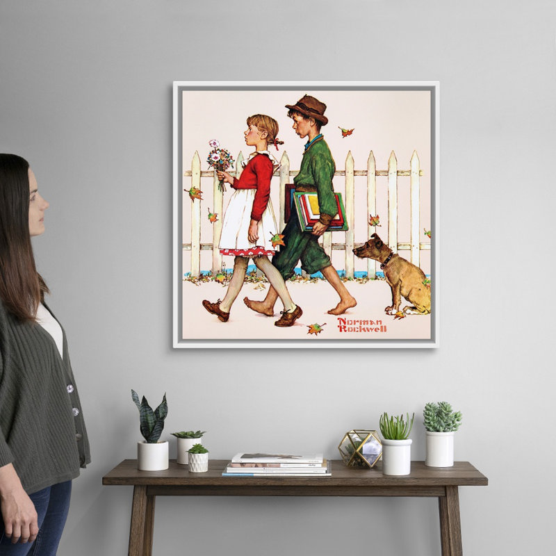 «Young Love: Walking To School», art mural sur toile, Cadre flottant blanc, H 32 po x l 32 po x P 1,75 po