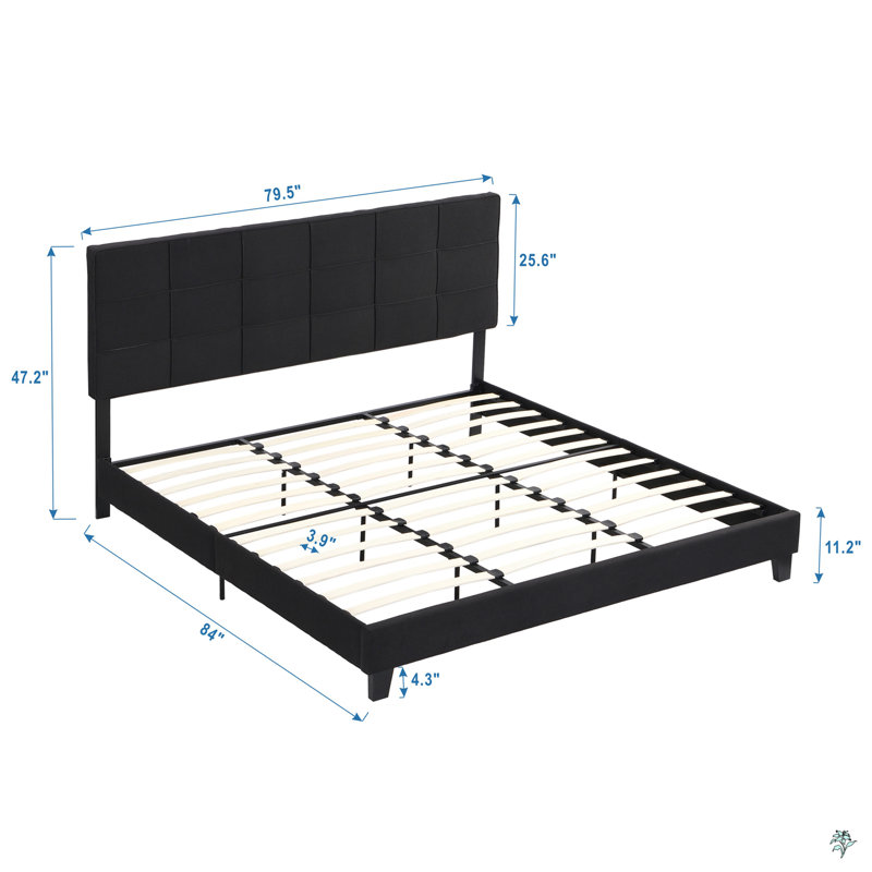 King Size Upholstered Platform Bed Frame With Linen Fabric Headboard, No Box Spring Needed, Wood Slat Support, Easy Assembly