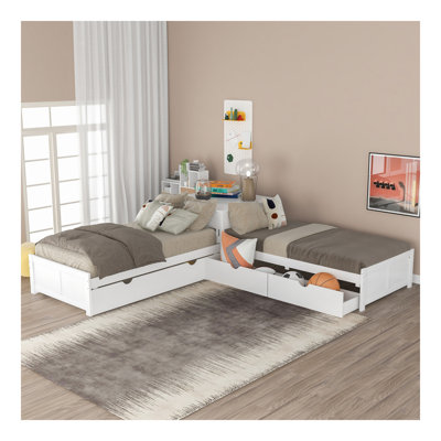 L-Shaped Platform Bed With Trundle And Drawers Linked With Built-In Desk,Twin,White