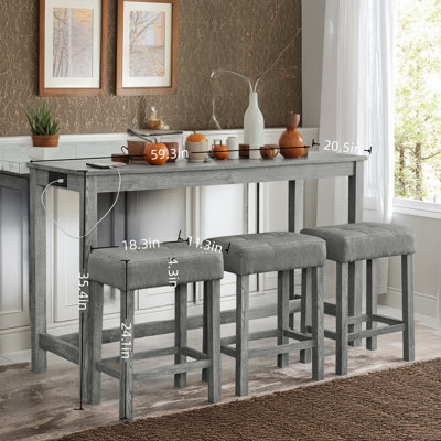 Cet ensemble multifonctionnel de table de bar et de chaises de 59 pouces 4 pièces combine un bar, une table de salle à manger et une table de canapé avec prises, et est livré avec 3 tabourets rembourrés, convenant pour les espaces de vie, de salle à manger et de cuisine.