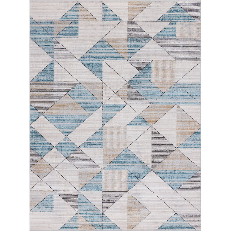  Tapis géométrique beige / bleu, Rectangulaire 8 pi x 11 pi