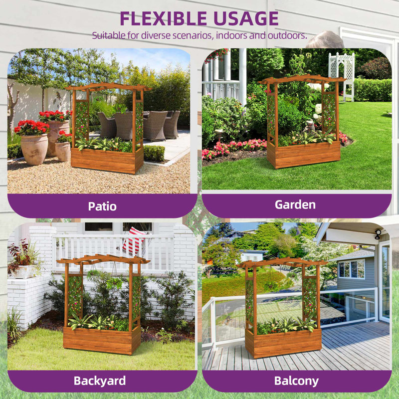 Brown Solid Wood Raised Garden Bed with Trellis and Hanging Roof