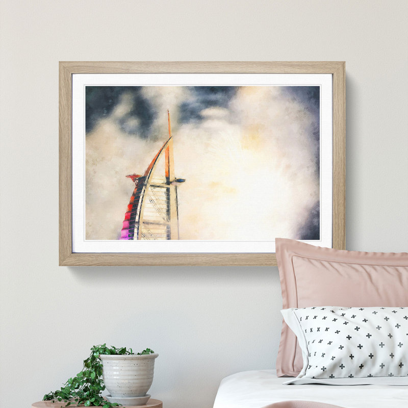 Burj Al Arab Hotel In Dubai Painting - Single Picture Frame Print on MDF, Oak, 33cm H x 45cm W x 2cm D
