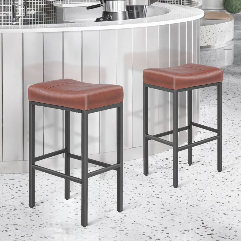 Upholstered Saddle Bar Stools Counter Height Stools Barstools Bar Chairs with Curved Seat & Footrest, Reddish Brown