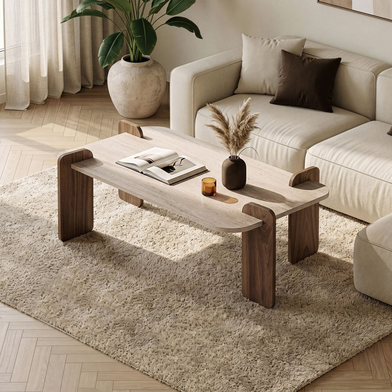 Table basse, 13.78" H x 57.87" W x 34.25" D, Travertin / noyer