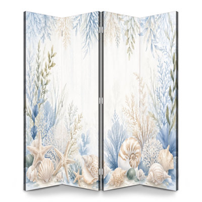 4 Panels Folding Screen Room Divider Royal Coastal Seashell Coral Watercolor Starfish Nautical Canvas Screen Room Separator Freestanding Protective Wall Divider Privacy Partition