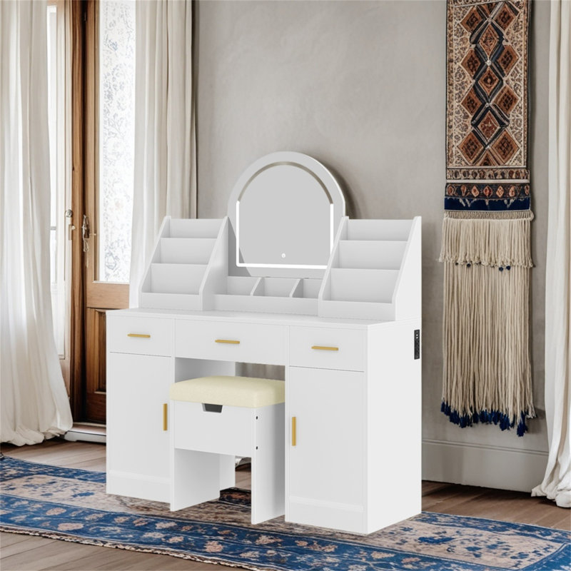 Vanity With Mirrored Lighting And Padded Storage Stool