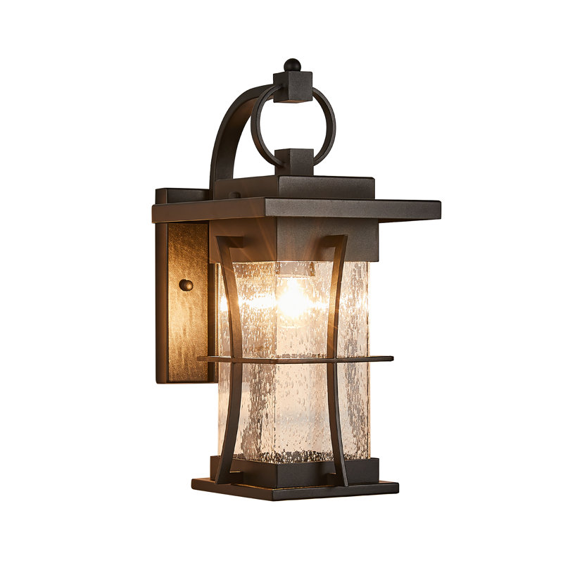Applique murale d'extérieur 1 lumière avec abat-jour en verre bullé, H 15 po x l 7,1 po x P 9,5 po, Noir