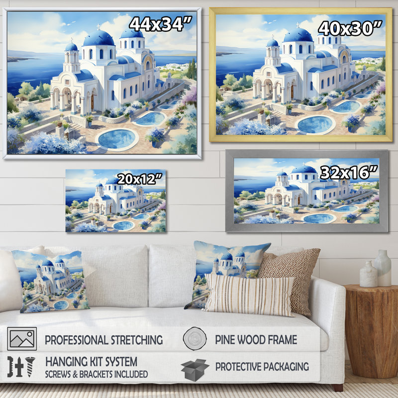 Église côtière Orthodoxe en Grèce 1 - Grèce, art mural, H 12 po x l 20 po x P 1 po, Cadre d'angle fermé noir