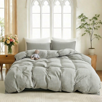 XINMIANFANG Gingham Duvet Cover Set 100% Washed Cotton Linen Feel Checkered Comforter Cover Comfy Breathable Grid Bedding