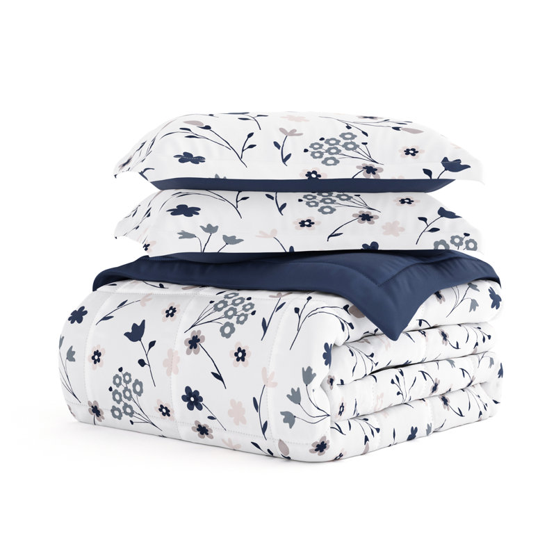 Twin Navy Floral Down Alternative Reversible Comforter Set