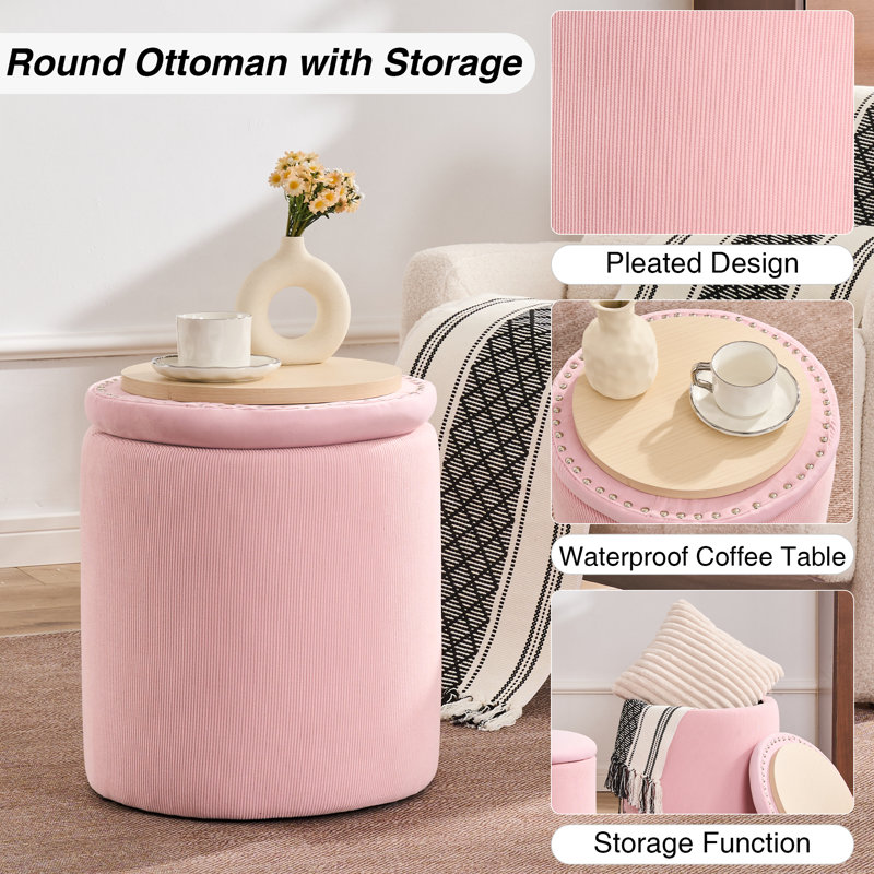 Ensemble de 2 repose-pieds ronds avec rangement, Velours rose