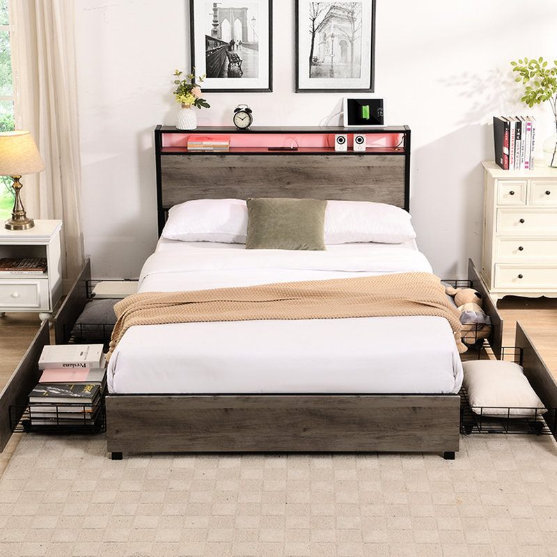 Lit double avec options de rangement - oreillers, draps. Métal et bois, tête de lit à cadre pratique gris antique, tiroirs, étable, lumières à DEL,