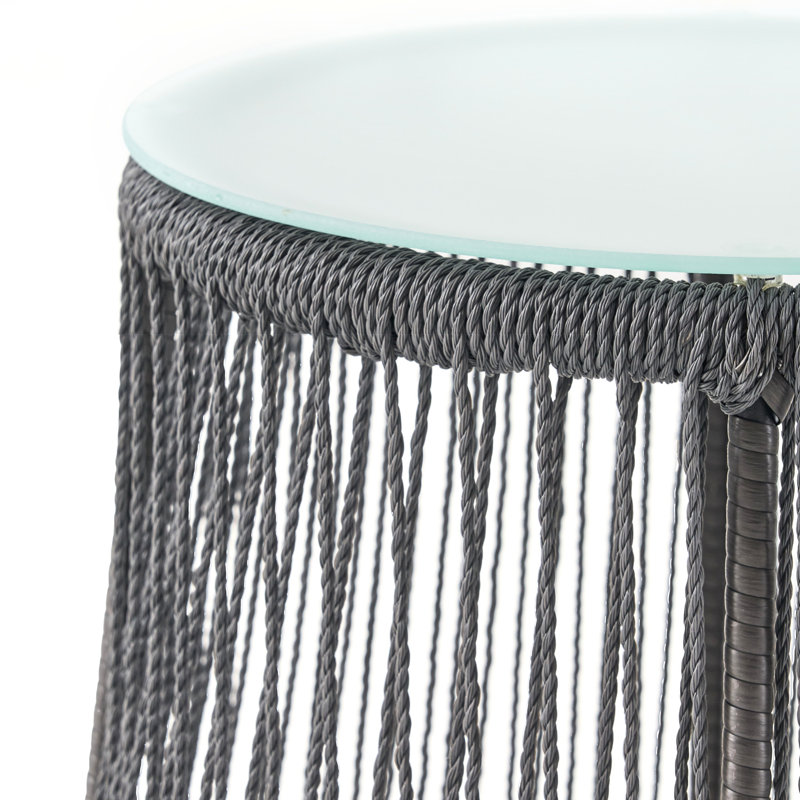 Style Table - Structure en corde texturée et fer robuste, surface en verre trempé, meubles de patio, facile à ranger, profondeur 19,17 po x largeur 15,84 po, côté chic avec cadre et plateau, accent, nettoyage, 15,84 po