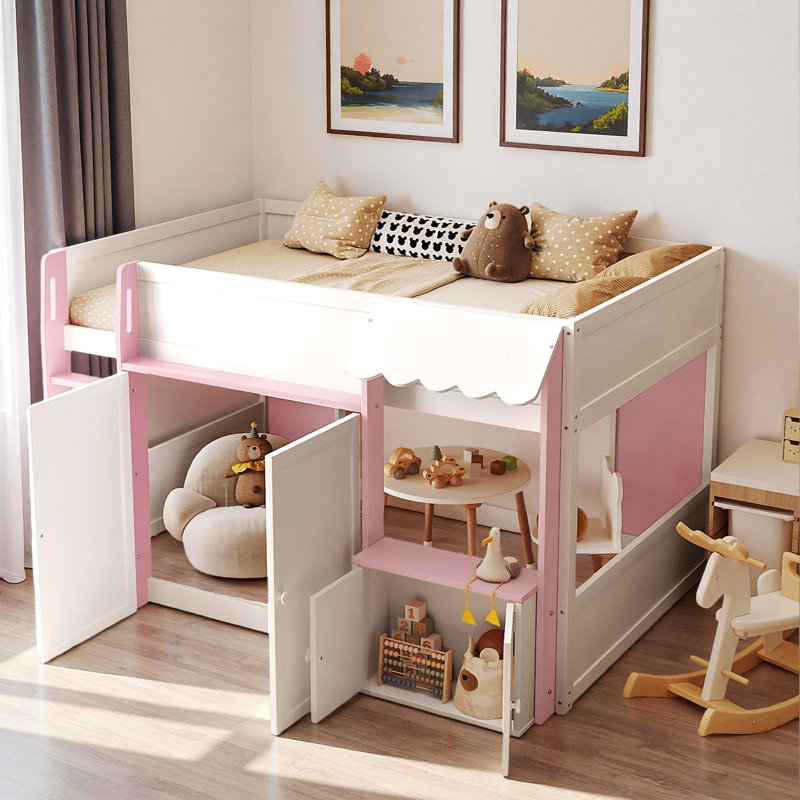 Lit mezzanine moderne avec maisonnette et rangement, Rose