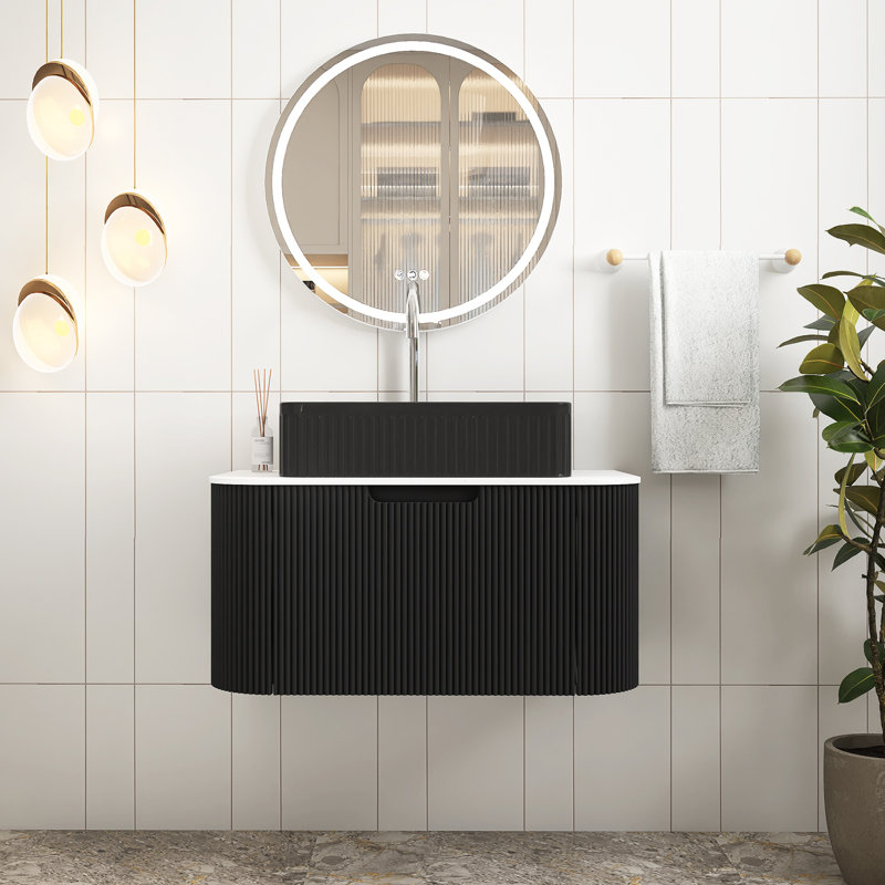 Meuble-lavabo mural rectangulaire en céramique blanche, 30", Noir