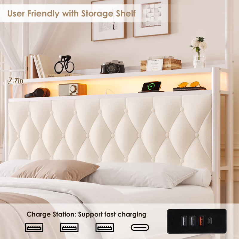 ⭐️ Magical Princess Bed for Kids | Full Size with LED Lights & USB Charging | Cream, Cream, Full