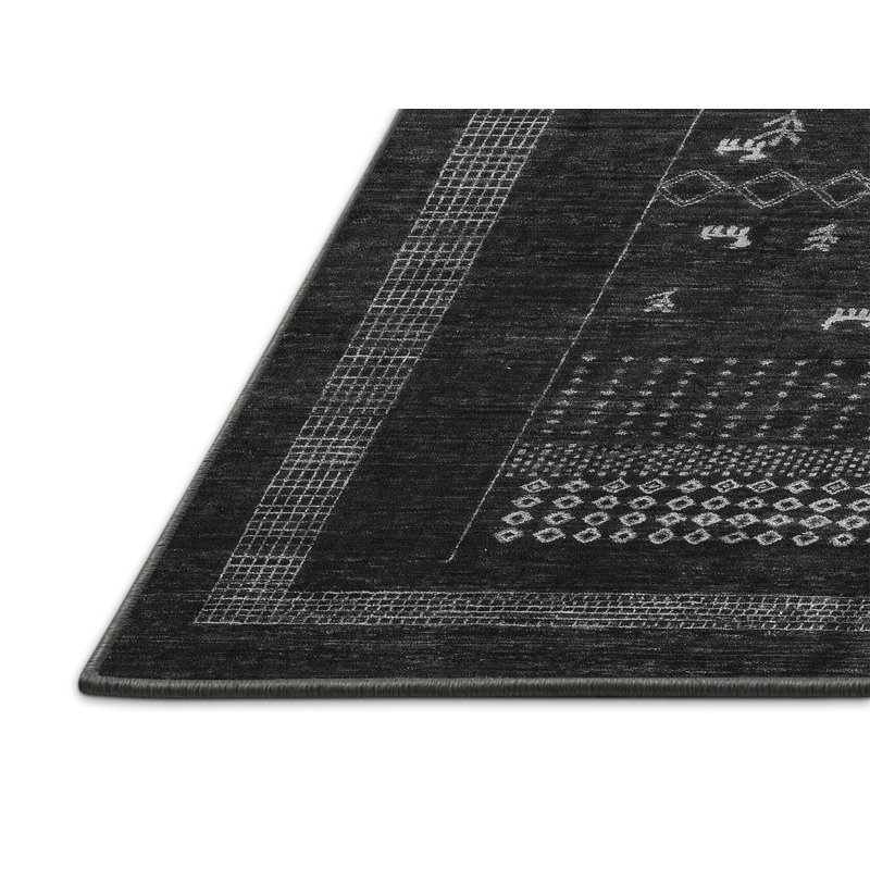Tapis oriental en laine / polyester tissé à la machine Chamika en gris / noir, Rectangle 8 pi x 10 pi