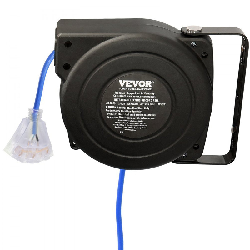Retractable Extension Cord Reel Power Cord Reel 30FT 16AWG/3C SJTOW, Blue/Black
