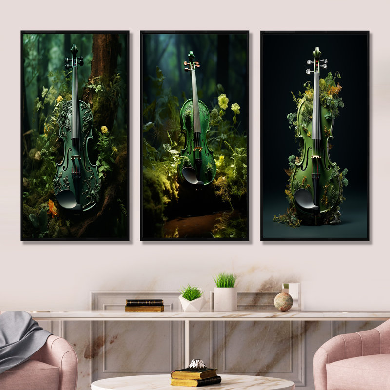 Violon verdure dans la forêt - ensemble de 3 reproductions d'art sur toile, Cadre flottant noir, H 40 po x l 60 po