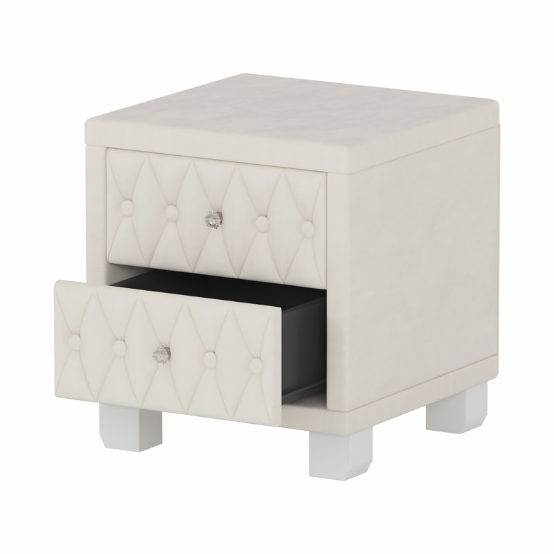 Elegant Velvet Nightstand With 2 Drawers And Crystal Handle, Storage Bedside Table With Button-Tufted, Beige