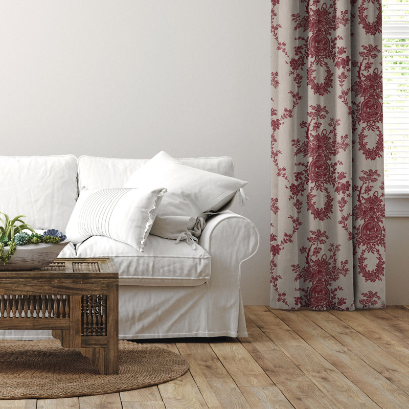 Country Lane Toile Crimson Cotton Pinch Pleat Drapery Panel Set of 2, 20" W x 120" L