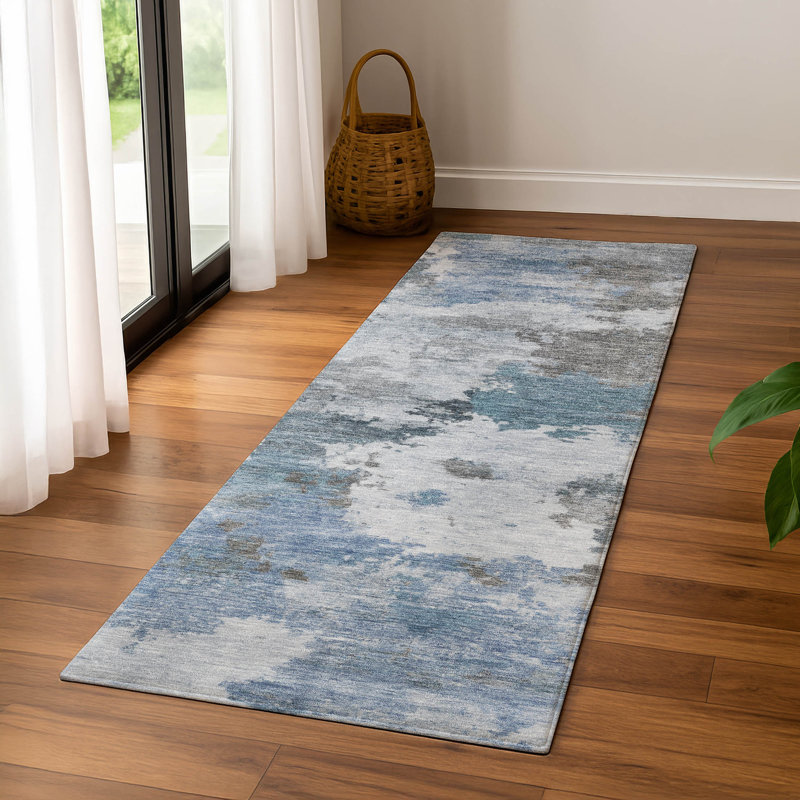 Premium Machine Washable Mayfield AMF2144 abstract Rug, Blue, 2'3" x 7'6" Runner