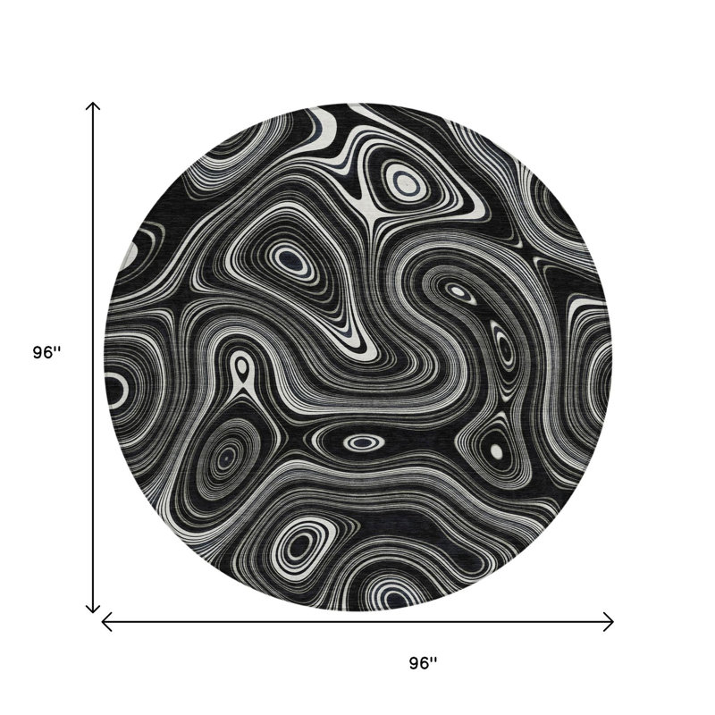 Tapis intérieur / extérieur rond lavable noir et ivoire 8 pi