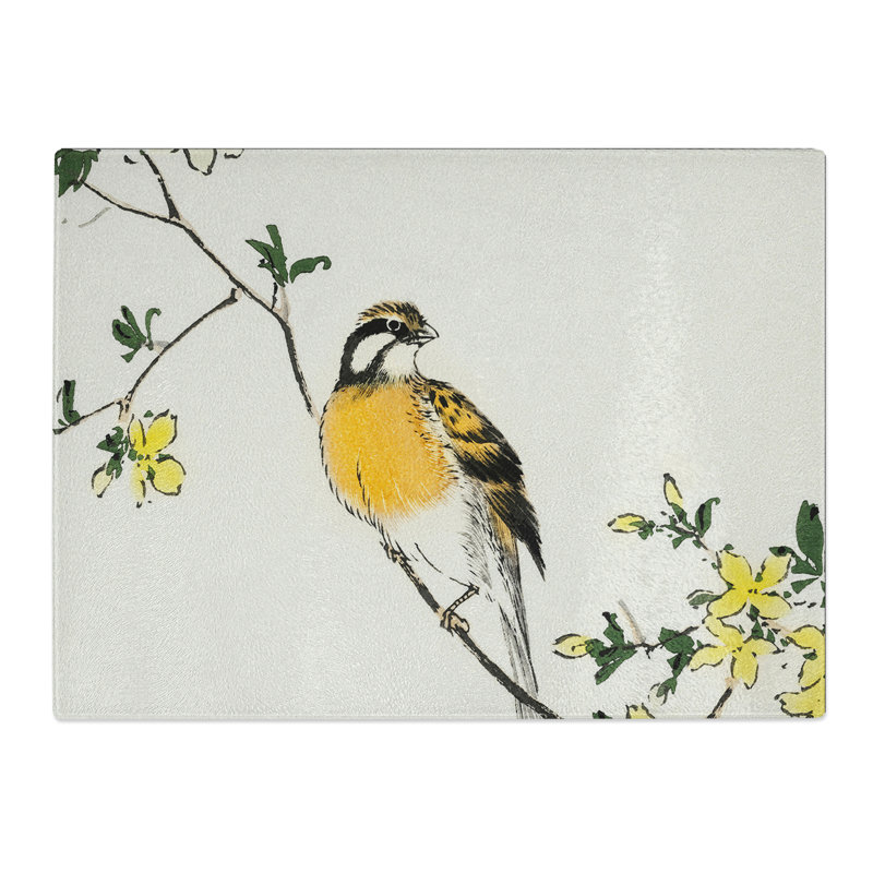 Meadow Bunting Bird & Yellow Flowers By Numata Kashu  Glass Chopping Board