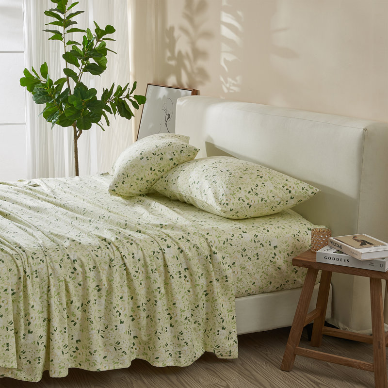 Ensemble de draps 100% coton, Ensemble de draps pour grand lit + un drap-housse, Motif floral, vert