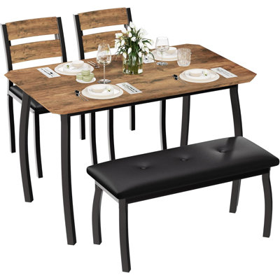 43'' Dining Table Set for 4, Wooden Kitchen Table with Upholstered Bench & 2 Cushion Chairs, Industrial Dinette Set for Studio, Kitchen, Dining Room, Apartment, Retro