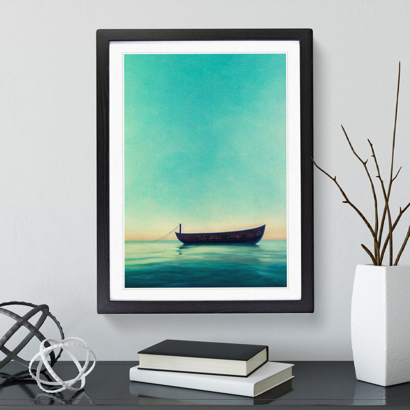 Boat On The Ocean Watercolour No.4 - Painting, 36cm H x 27cm W x 2cm D, Black Framed, White