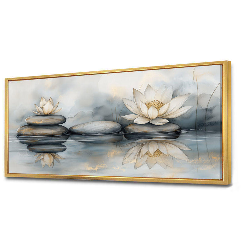 Gris gris, pierres équilibrées avec reflet de lotus - art mural encadré zen gris, impressions sur toile apaisantes