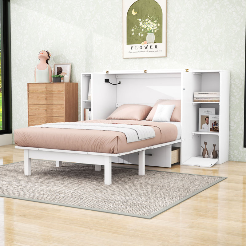 Lit escamotable avec ports USB intégrés et peu encombrant, Blanc, Grand lit