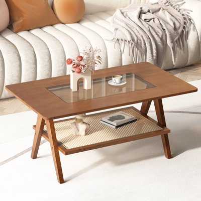 Table basse en rotin 39,4 po - Table basse rectangulaire en bois à 2 niveaux avec plateau en verre, table de salon Mid-Century moderne, noyer