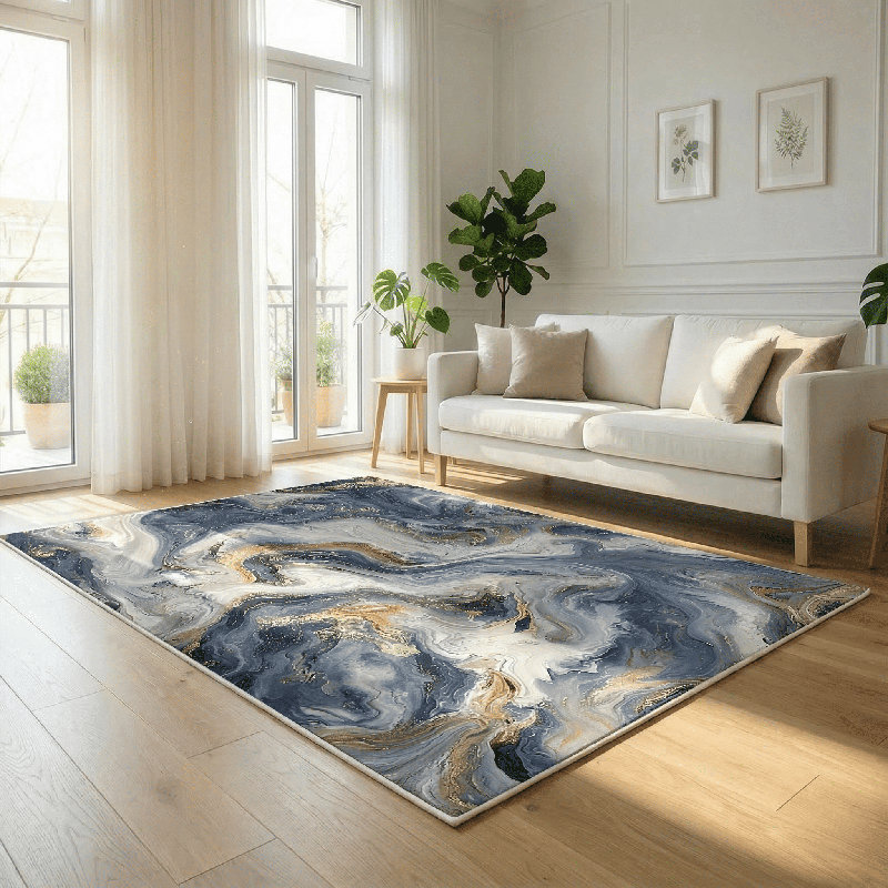 Tapis abstrait en marbre bleu abstrait 5 x 7 lavable à la machine avec envers antidérapant pour le salon de la chambre à coucher
