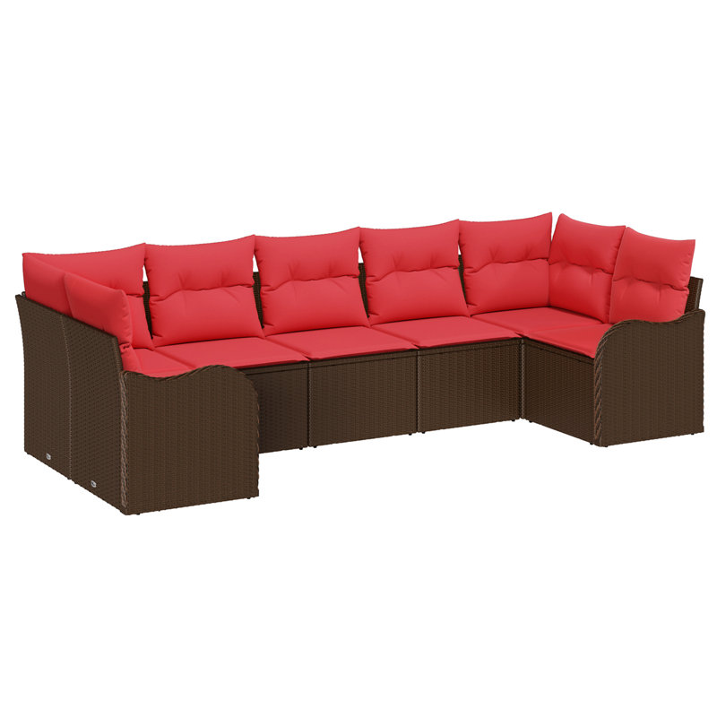 vidaXL Garden Sofa Set Brown Poly Rattan, Brown Frame/Red Cushion