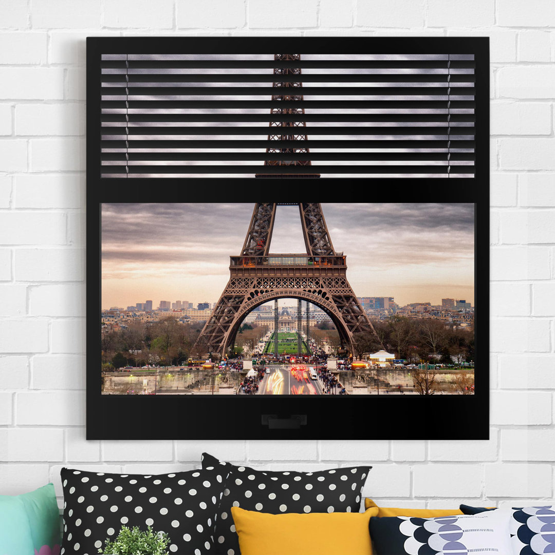 Leinwandbild Fensterblick Jalousie - Eiffelturm Paris