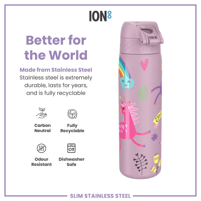 Ion8 Stainless Steel Slim Water Bottle, Unicorns