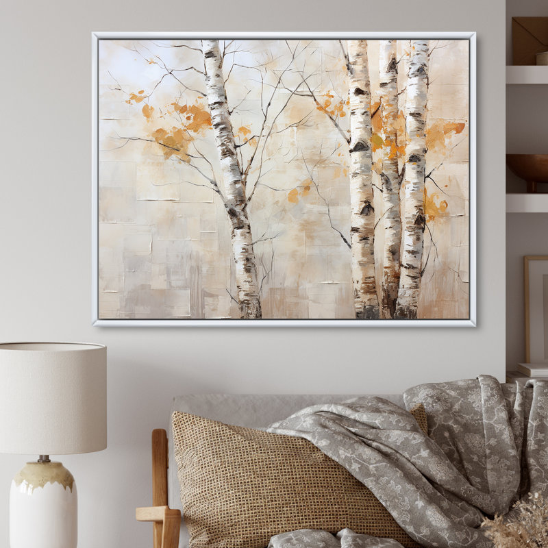 Beauté de bouleau argenté beige sur toile, Cadre flottant blanc, H 24 po x l 32 po x P 1 po