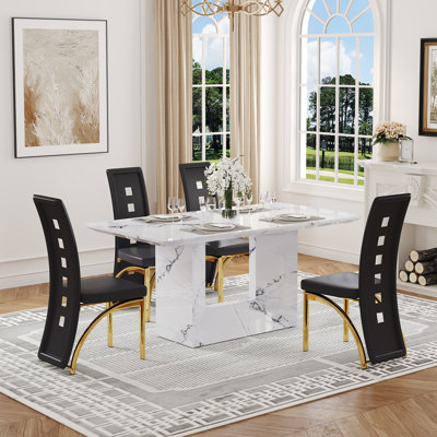 63'' Faux Marble Rectangular Dining Table Set For 4–6 With PU Leather Chairs And O-Shaped Base