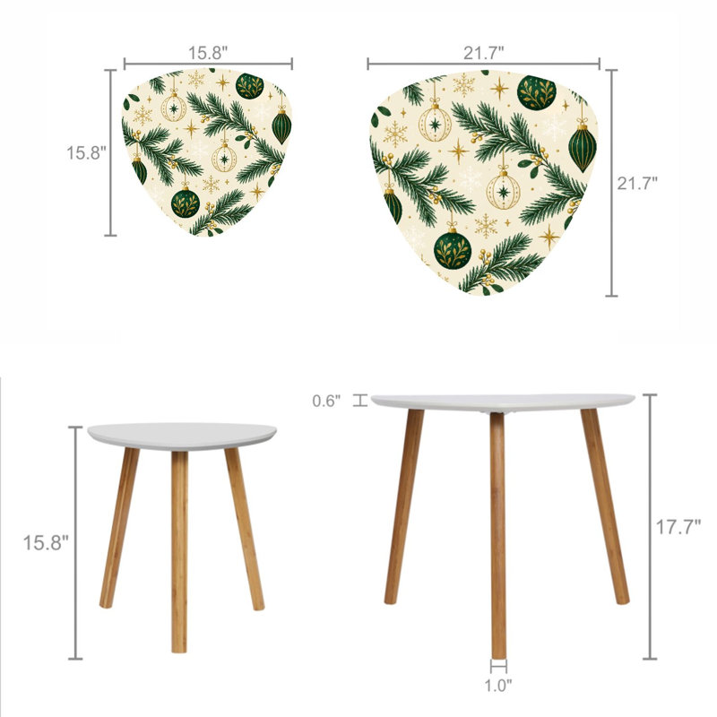 Ensemble de 2 tables basses gigognes triangulaires modernes, décorées de branches de pin et de motifs de Noël, style crème, style milieu du siècle. Table d'appoint empilable, petite table de chevet idéale pour le salon, la chambre ou un appartement. Décoration intérieure.