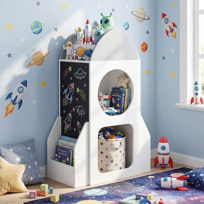 Organisateur de rangement pour jouets pour tout-petits avec tableau noir et 2 casiers Rocket Space
